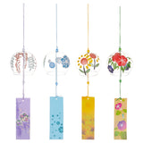 4Pcs 4 Style Japanese Glass Round Wind Chimes, Paper Blessing Hanging Pendant, for Garden Patio Balcony Decoration, Mixed Color, 385~405mm, 1pc/style