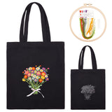 DIY Canvas Shoulder Bag Embroidery Starter Kit, Rectangle with Flower Pattern, Including Cotton Cords, Plastic Embroidery Hoops and Iron Needles, Ribbon, Mixed Color, Bag: 630x340x3mm, Inner Diameter: 395x340mm