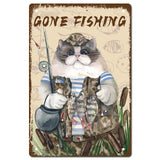 Tinplate Sign Poster, Vertical, for Home Wall Decoration, Rectangle with Word Fishing, Cat Pattern, 300x200x0.5mm