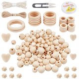 Wood Hanging Wall Decorations, Including Unfinished Wood Beads & Linking Rings, Jute Cord, Threads, Folding Box and Scissors, BurlyWood, 30x30mm, Hole: 2mm