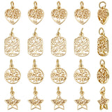 24Pcs 4 Style Rack Plating Brass Charms, with Jump Ring, Lead Free & Cadmium Free, Hollow, Heart/Flat Round/Star/Rectangle with Tree of Life Charm, Real 18K Gold Plated, 12~13x10~10.5x1.5mm, Hole: 3mm, 6pcs/style