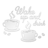 Custom Acrylic Wall Stickers, for Home Living Room Bedroom Decoration, Square with Coffee Pattern and Word Wake up and drink, Silver, 250x250mm, 2pcs/set