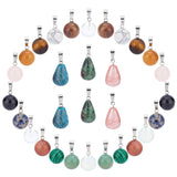 30Pcs 15 Colors Gemstone Pendants, with Platinum Tone Brass Findings, Round & Teardrop, 17~19x13~14mm, Hole: 2x7mm