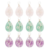 4 Sets 3 Styles Natural Mixed Stone Pendants, Natural Rose Quartz & Amethyst & Green Aventurine, Teardrop Charm, with Silver Tone Eco-Friendly Copper Wire Wrapped, 25.5x13x6.7mm, Hole: 3.4mm, 1pc/style