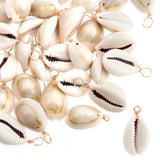 50Pcs Natural Cowrie Shell Pendants, Shell Charms with Real 18K Gold Plated Eco-Friendly Copper Wire, Seashell Color, 28~32.5x14~16.5x11~12.5mm, Hole: 3.6mm