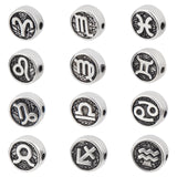 12Pcs 12 Style 304 Stainless Steel Beads, Flat Round with Twelve Constellations, Antique Silver, 10x4mm, Hole: 1.8mm, 1pc/style