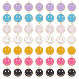 70Pcs 7 Colors Alloy Enamel Pendants, Light Gold, Flat Round with Smiling Face Charm, Mixed Color, 19x16mm, 10pcs/color