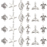 60Pcs 6 Styles Tibetan Style Alloy Connector Charms, Turtle & Clock & Anchor, Mixed Shapes, Antique Silver, 18~28x11~20x3~4mm, Hole: 1.4~2mm, 10pcs/style