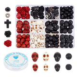 DIY Halloween Skull Gemstone Bracelet Making Kit, Including Natural Lava Rock & Synthetic Turquoise & Black Stone & Synthetic Coral Beads, Alloy & Glass Beads, Beads: 203Pcs/set