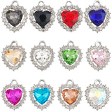 24Pcs 12 Colors Alloy Glass Pendants, Rhinestone Heart Charm, Platinum, Mixed Color, 19x16x5.8mm, Hole: 2mm, 2Pcs/color