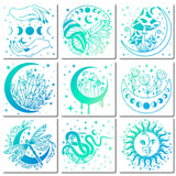 9Pcs 9 Styles PET Plastic Hollow Out Drawing Painting Stencils Templates, Square with Sun & Mushroom & Diamond & Snake & Dragonfly, Mixed Patterns, 300x300mm, 1pc/style