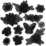 Computerized Embroidery Organza Sew on Patches, Costume Accessories, Appliques, with Plastic Beads, Flower & Butterfly, Black, 35~320x32~150x5~9mm, 12pcs/set
