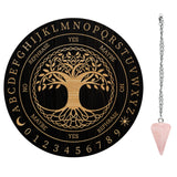 1Pc Cone/Spike/Pendulum Natural Rose Quartz Stone Pendants, 1Pc 304 Stainless Steel Cable Chain Necklaces, 1Pc PVC Custom Pendulum Board, Dowsing Divination Board, Tree of Life Pattern, Board: 200x4mm
