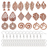 DIY Hollow Out Dangle Earring Making Kit, Including Leaf & Ring & Teardrop & Fish Bone Natural Walnut Wood Pendants, Brass Earring Hooks, Camel, 74Pcs/box