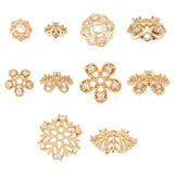 10Pcs 5 Style Brass Fancy Bead Caps, with Rhinestone, Flower, Light Gold, 6.5~12.5x2~4mm, Hole: 1~2mm, 2pcs/style