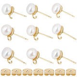 6 Pairs Natural Pearl Round Stud Earrings Findings, with Brass Findings & Vertical Loops, Cadmium Free & Lead Free, with 12Pcs Ear Nuts, Real 18K Gold Plated, 10x7.5mm, Hole: 0.6mm, Pin: 0.6mm