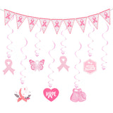 Paper Banners & Breast Cancer Awareness Ribbon Pendant Decoration, with Silk Cord & Plastic Blunt Needle, for Party, Hot Pink, 2 sets/box