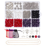 DIY Catholic Rosary Beads Necklace Making Kits, Including Glass Beads, Alloy Star & Jesus & Moon Pendants and Rose Beads, Iron Cable Chains, Antique Silver