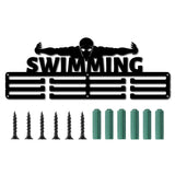 Swimmer & Word Swimming Fashion Iron Medal Hanger Holder Display Wall Rack, with Screws, Electrophoresis Black, 149x400mm