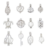 12Pcs 12 Styles Brass Bead Cage Pendants, Bead Cage Charm, Sea Turtle & Round & Heart, Mixed Shapes, Platinum, 17~29.5x11~18x9~15mm, Hole: 1~4.5mm, 1pc/style