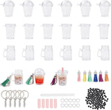 DIY 16pcs Milky Tea Themed Keychains Kits, including Iron Split Key Rings, Acrylic Round Beads, Faux Suede Tassel & Plastic Pendants, PVC Milktea Cups, Mixed Color, 49mm