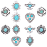 12Pcs 6 Style Tibetan Style Alloy Pendants, with Synthetic Turquoise, Teardrop & Heart & Flower & Glede, Antique Silver, 36.5x25x6mm, Hole: 1.8mm