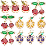 12Pcs 4 Styles Brass Micro Pave Cubic Zirconia Charms, Fruit, Real 18K Gold Plated, 3pcs/style