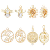 8Pcs 4 Style Rack Plating Brass Micro Pave Cubic Zirconia Pendants, with Jump Rings, Long-Lasting Plated, Cadmium Free & Lead Free, Bees & Flower with Bee, Real 18K Gold Plated, 12.5~22x13.5~17x2.5~5mm, Hole: 1.2~3.5mm, 2pcs/style