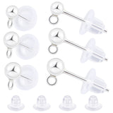 6 Pairs 3 Size 925 Sterling Silver Ear Stud Findings, Ball Stud Earring Post with Loops & 20Pcs Plastic Ear Nuts, Silver, 14~15mm, Hole: 1mm, Pin: 0.7mm