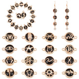 32Pcs 16 Styles Glass Connector Charms, with Light Gold Plated Alloy Findings, Flat Round with Mixed Patterns, Black, 19.5x13.5x5.5mm, Hole: 1.6mm, 2pcs/style