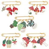 5Pcs 5 Style Stainless Steel Safety Pin Brooches, Alloy Enamel Brooches, Cactus/Pot/Mushroom, Mixed Color, 32~45mm, 1pc/style