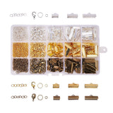 Jewelry Findings Kits, with Iron Ribbon Ends, Brass Lobster Claw Clasps, Iron Jump Rings and Iron Ends with Twist Extender Chains, Mixed Color, Ribbon End: 10~20x7~8x5mm, Hole: 1~2mm, Jump Ring: 4/8x0.7mm, Clasp: 12x7x3mm, Hole: 1mm, Chain: 45~55x3.5mm