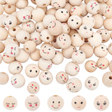 100Pcs 5 Styles Natural Wood Beads, Large Hole Beads, Round with Smile Face, PapayaWhip, 15~18mm, Hole: 4~5mm, 20pcs/style
