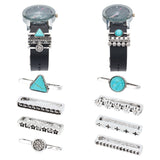 8Pcs 8 Style Half Round & Triangle Synthetic Turquoise Watch Band Charms Set, Alloy Watch Band Decorative Ring Loops, Platinum, 2.1x0.3cm, 1Pc/style