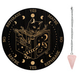 1Pc Cone/Spike/Pendulum Natural Rose Quartz Stone Pendants, 1Pc 304 Stainless Steel Cable Chain Necklaces, 1Pc PVC Custom Pendulum Board, Dowsing Divination Board, Cat Pattern, Board: 200x4mm