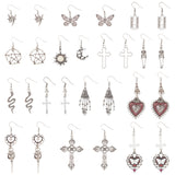 14 Pair 14 Style Razor Blade & Skeleton & Heart & Cross & Snake Enamel Dangle Earrings with Rhinestone, Halloween Themed Alloy Jewelry for Women, Antique Silver, 35~77mm, Pin: 0.6mm, 1 Pair/style