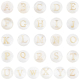 52Pcs 26 Letters Natural Freshwater Shell Beads, with Golden Plated Brass Etched Metal Embellishments, Flat Round with Letter, Seashell Color, Letter A~Z, 8x3~5mm, Hole: 0.7mm, 2pcs/letter