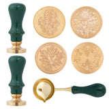 1Pc Brass Wax Sticks Melting Spoon, 2Pcs Wood Handle, and 4Pcs Brass Wax Seal Stamp Head, Plants Pattern, 10.35~59x3.5~25x1.95~23.5cm