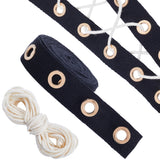 4 Yards Cotton Ribbons with Golden Tone Eyelet Rings, for Garment Accessories, with 10M Beige Cotton String Threads, Black, Ribbon: 1 inch(25mm), Threads: 3mm