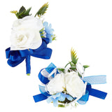 1Pc Silk Cloth Wrist Corsage, with 1Pc Silk Cloth Flower Boutonniere Brooch, for Wedding, Parties, Marine Blue, 127x22~90x47mm