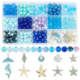 Ocean Theme DIY Jewelry Making Findings Kits, Including Glass Beads, Acrylic Beads, Alloy Enamel Pendants, Spiral Shell & Starfish & Fish & Mermaid Shape, Blue, 7.5~9x7~9mm, Hole: 1.5~2.5mm