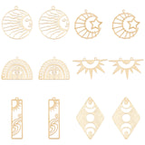 12Pcs 6 Style Brass Pendants, DIY Accessories, for Bracelets, Earrings, Necklaces, Hollow, Half Round & Round Ring & Rhombus & Moon & Star & Rectangle & Sun, Raw(Unplated), 22.5~41.5x11~30x0.5~0.7mm, Hole: 1.2~2mm, 2pcs/color