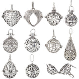 10Pcs 10 Styles Tibetan Style Brass Cage Pendants, For Chime Ball Pendant Necklaces Making, Hollow Mixed Shapes, Antique Silver, 21.5~43x25~34x15~25mm, Hole: 3~9x3~8mm, 1pc/style