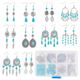 DIY Gemstone Dangle Earring Making Kit, Including Flower & Feather & Leaf Alloy Pendants & Links & Beads, Round & Teardrop Synthetic Beads, Brass Earring Hooks, Turquoise, 235Pcs/box