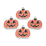 Alloy Enamel Pendants, Pumpkin Jack-O'-Lantern, Coral, Platinum, 19x21x2mm, Hole: 2mm