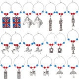 20Pcs 10 Styles Union Jack & Soldier & Umbrella & Horse & Crown Alloy Dangle Wine Glass Charms with Glass Pearl, Brass Hoop Earrings, Antique Bronze, 45~67mm, Pin: 0.8mm, 2pcs/style