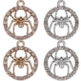 20Pcs 2 Colors Alloy Rhinestone Pendants, Flat Round with Spider Charm, Platinum & Light Gold, 21x18x3.5mm, Hole: 2mm, 10pcs/color