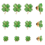 12Pcs 3 Size Green Resin Clover Lapel Pin Brooch, Alloy Badge for Backpack Clothes, Light Gold, 14~24x11.5~19x3.5~4.5mm, Pin: 1mm