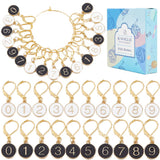 Number 0~9 Locking Stitch Markers, Alloy Enamel Black & White Charm Stitch Marker, with 304 Stainless Steel Hoop, Golden, 3cm, 20 style, 1pc/style, 20pcs/box