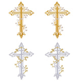 4Pcs 2 Colors Polyester Metallic Thread Embroidery Applique Patch, Sewing Craft Decoration, Religion Cross with Flower, Mixed Color, 277x188x1.5mm, 2pcs/color